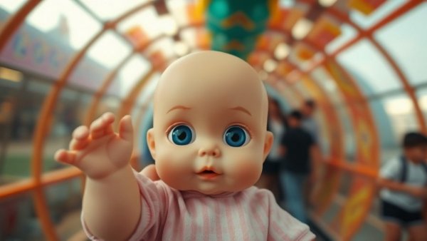 Comical baby doll held in a tunnel, representing wedding planning stress.