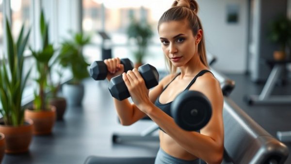 Best chest exercises for strength and tone: woman lifting dumbbells in gym