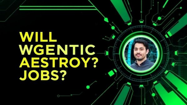 Futuristic graphic with text about Agentic AI job displacement, featuring tech elements.