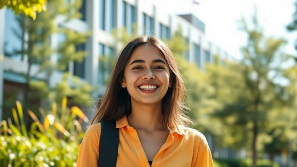 Smiling young woman at SCU building on a sunny day.