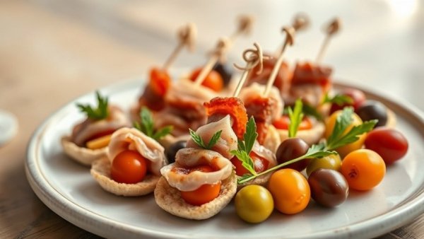 Elegant wedding canapés on a plate, featuring skewered meats and olives.
