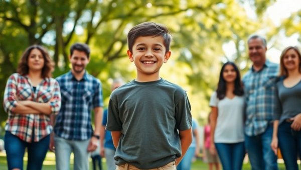 Young Innovators in Digital Marketing, confident boy standing in a park with a group.