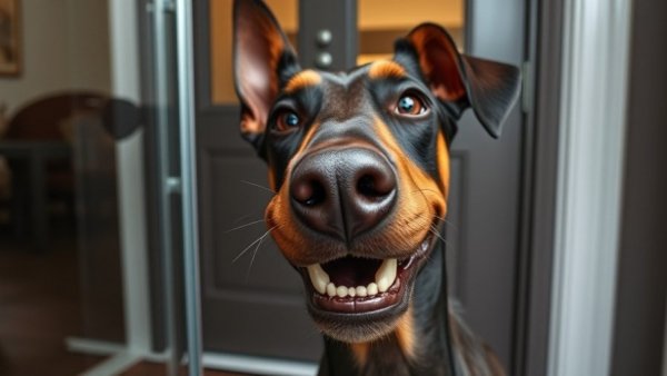 Funny Doberman squishing face on glass door, humorous expression.