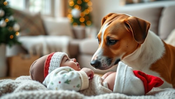 Dog meeting baby for first time, capturing reactions, cozy indoor setting.