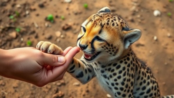 Adorable cheetah nuzzling hand in a playful moment.