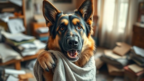 Mischievous German Shepherd indoors, dogs causing chaos.