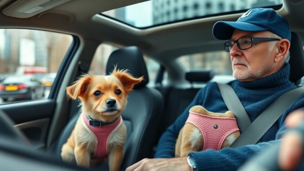 Small dog sitting in car like a human, next to older male driver.