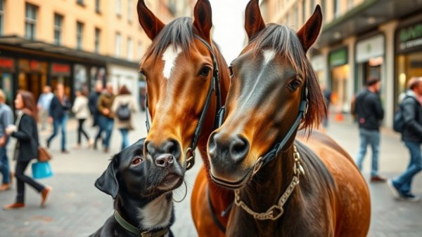 Dogs and Horses Friendship: Dog and horse bonding in city.