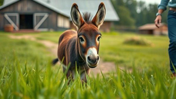 Funny cute baby donkeys following a person on grassy field.