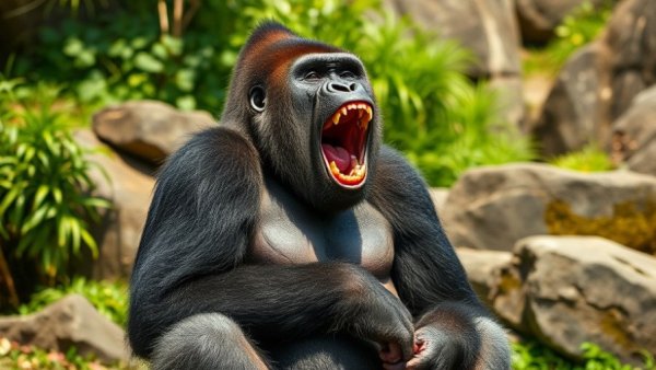 Amusing gorilla on dirt path yawning, in lush greenery, funny animal videos.