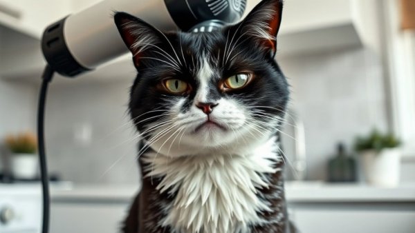 Disgruntled wet cat getting dried in funniest cat videos setting.