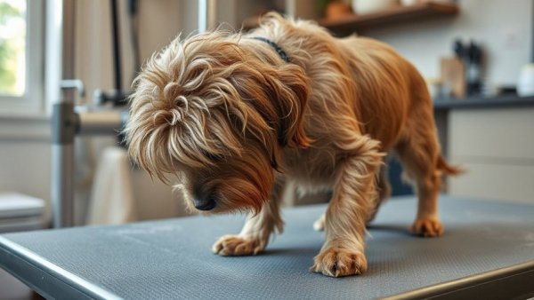 Neglected dog with matted fur on grooming table in pet care setting.