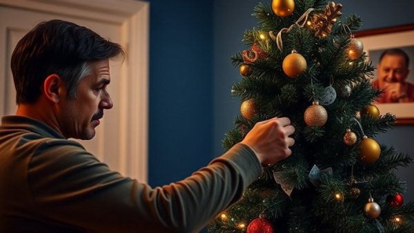 Person adjusting Christmas tree in cozy room.