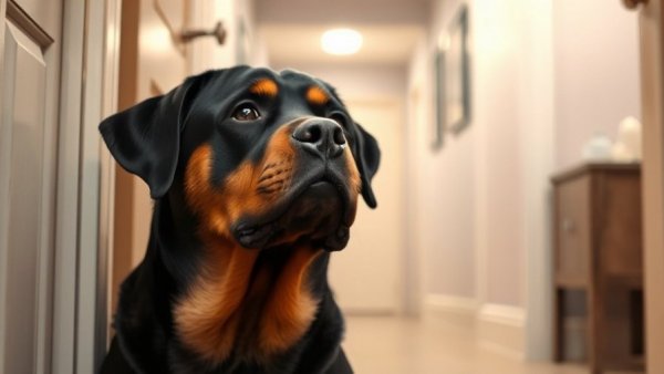 Rottweiler showing separation anxiety in doorway.