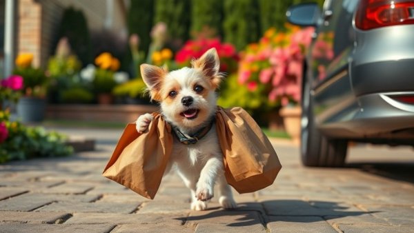 Playful dog mischievously steals food delivery on driveway.