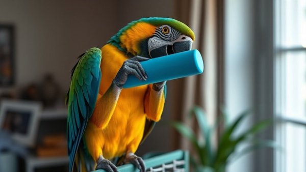 Colorful macaw with a blue object, vibrant parrot scene