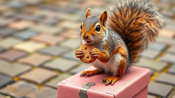 Squirrel steals cookie delivery on pink box, cobblestone path
