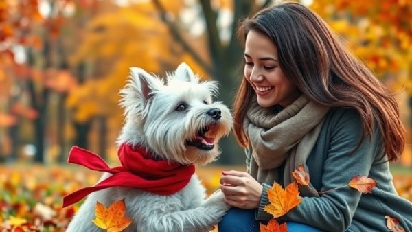 Traveling with pets guide: Woman and Westie in autumn park.