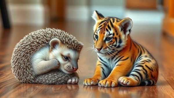 Cute hedgehog and tiger cub on floor, perfect for funny animal videos for kids.