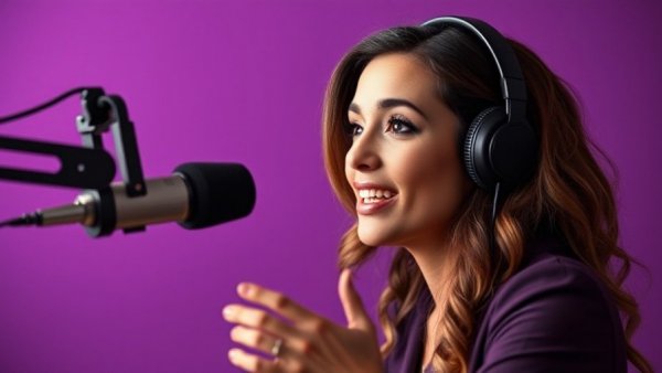 Confident woman in podcast studio with purple backdrop discusses the next AI frontier.
