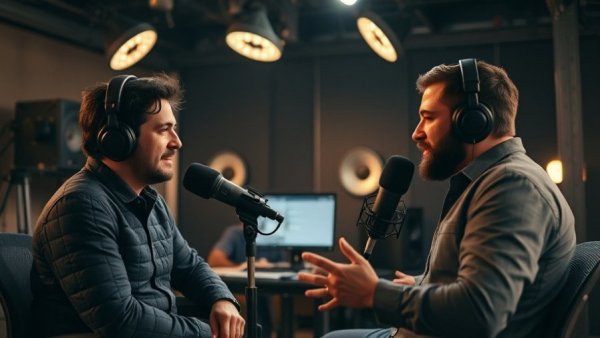 Create professional podcast videos setup with hosts in studio.