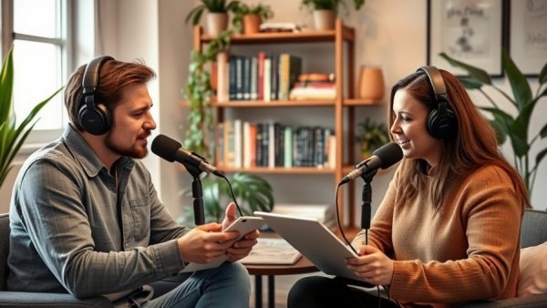 Two podcast hosts discussing AI in design in a studio setting.