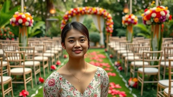 First look wedding advice: young woman at vibrant outdoor wedding.