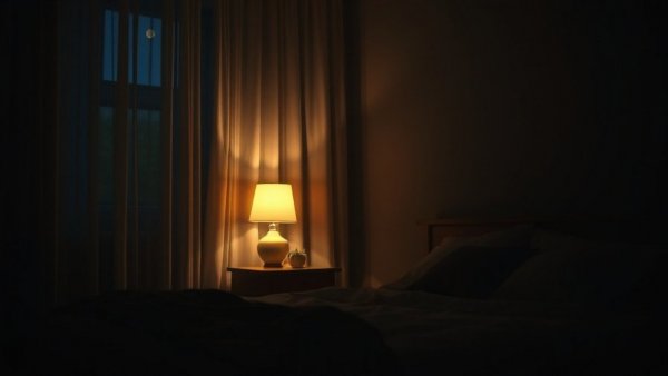 Serene bedroom at night with moonlit window; cozy ambiance.
