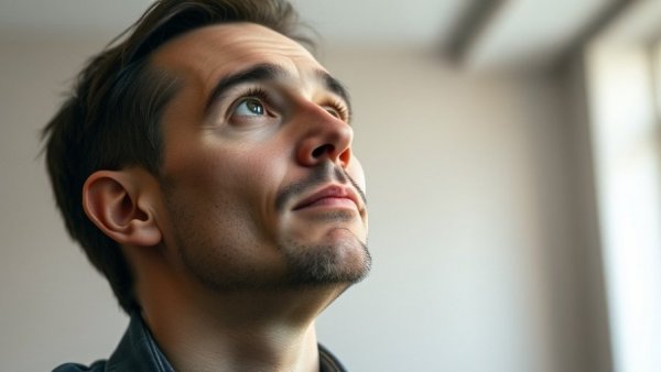 Thoughtful man looking upward in contemplative mood.