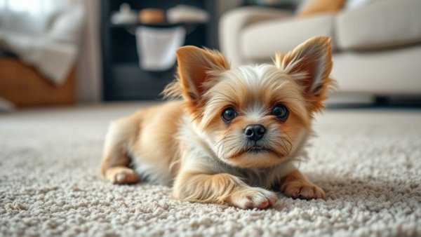 Adorable dog playfully lying on carpet in a cozy setting.