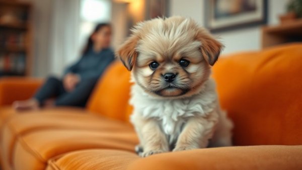 Grumpy Puppy Adorability on an orange couch with cozy background.