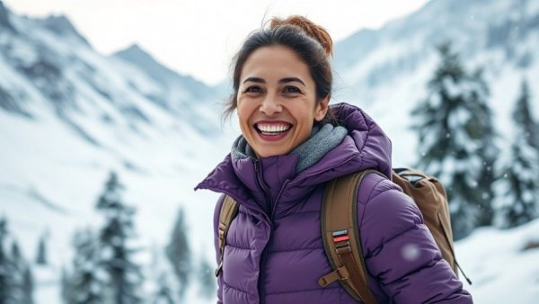 Joyful woman in purple down jacket hiking in snow, best down jackets 2025-2026.