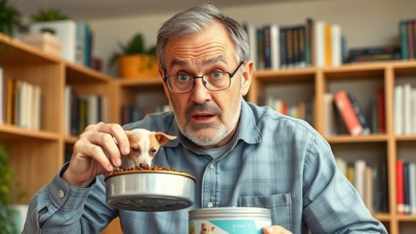 Middle-aged man examining pet food in an indoor setting.