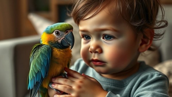 Adorable parrot rests on toddler's hand, cozy and gentle scene.