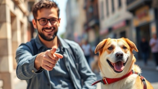 Calm dog in public with friendly person pointing in a sunny setting.