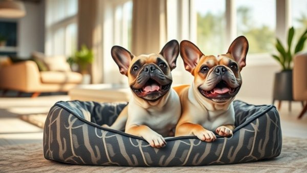 French Bulldog's funny reaction on a patterned bed with sunlight streaming.