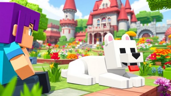 Hilarious pets in a vibrant Minecraft-style cartoon scene with a playful dog and castle.