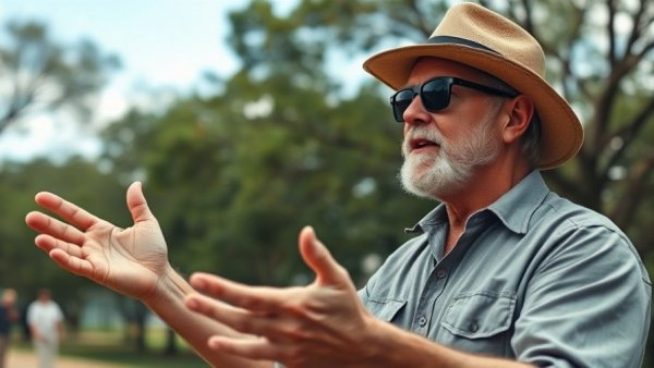 Man explaining winter weed control outdoors in casual setting.