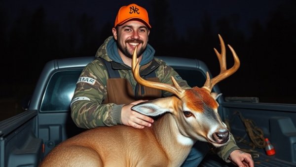 Hunter with minor injury smiling while holding a deer.