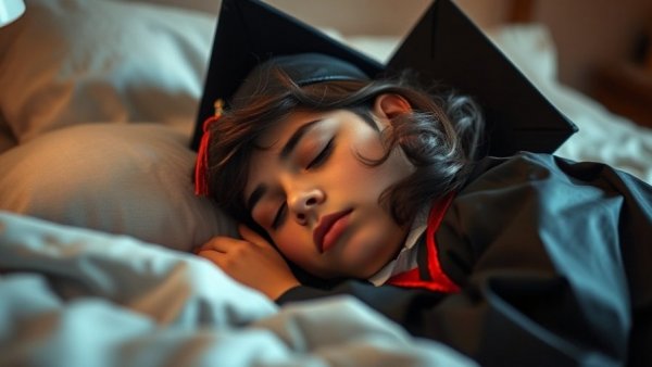 One More Sleep! Young graduate peacefully asleep in cap and gown.
