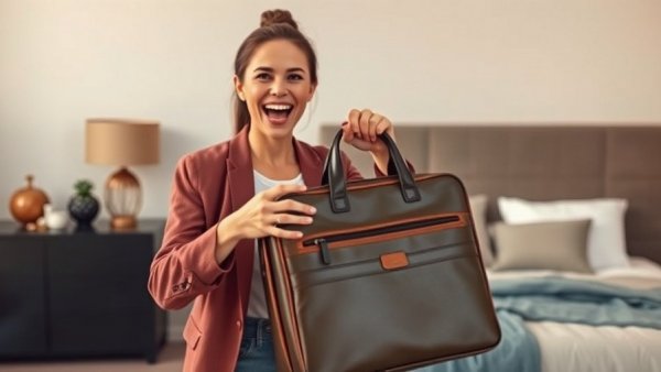 Woman with suitcase promoting fast-arriving travel gifts indoors.