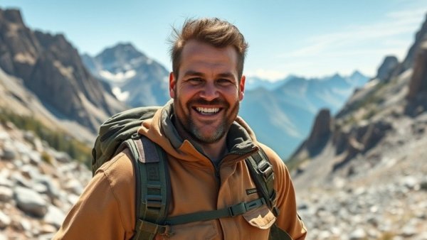 Smiling hiker with backpack in a rocky mountain setting