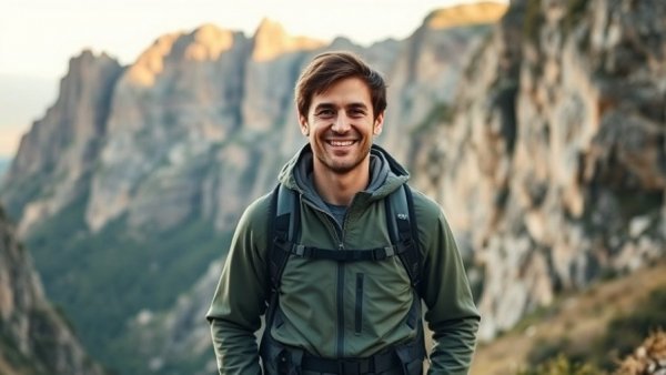 Hiker with backpack smiling in rocky mountain scenery