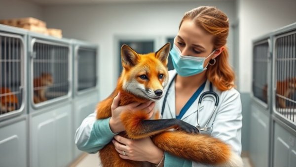 Affectionate veterinarian with a fox, pets in family context, clinic setting.