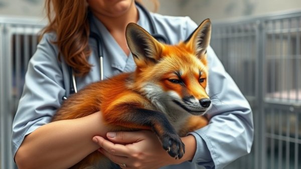 Veterinarian cradles a calm fox in a clinic for pet funniest videos.