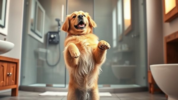 Golden Retriever in a bathroom standing playfully, reacting to family.