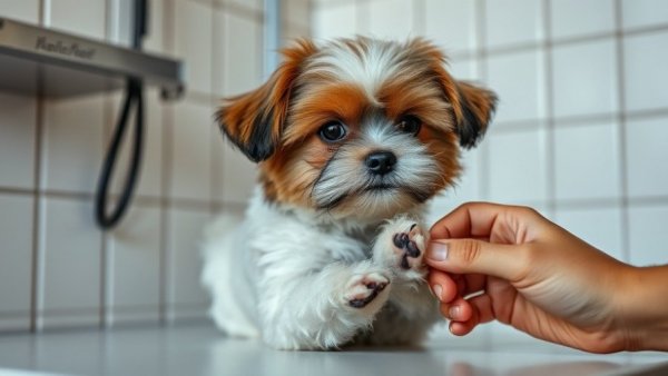 Dog grooming tips: small fluffy dog getting nails trimmed.