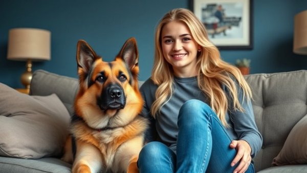 Young woman with German Shepherd, discussing the history of the breed, indoors.