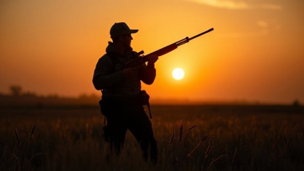 Hunter silhouetted against sunset in open field.