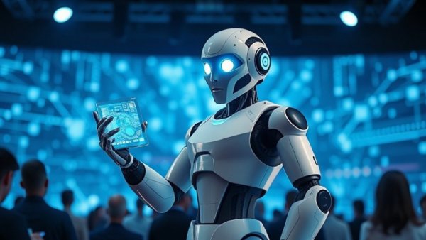 Futuristic depiction of technology trends 2027 with humanoid robot on stage.